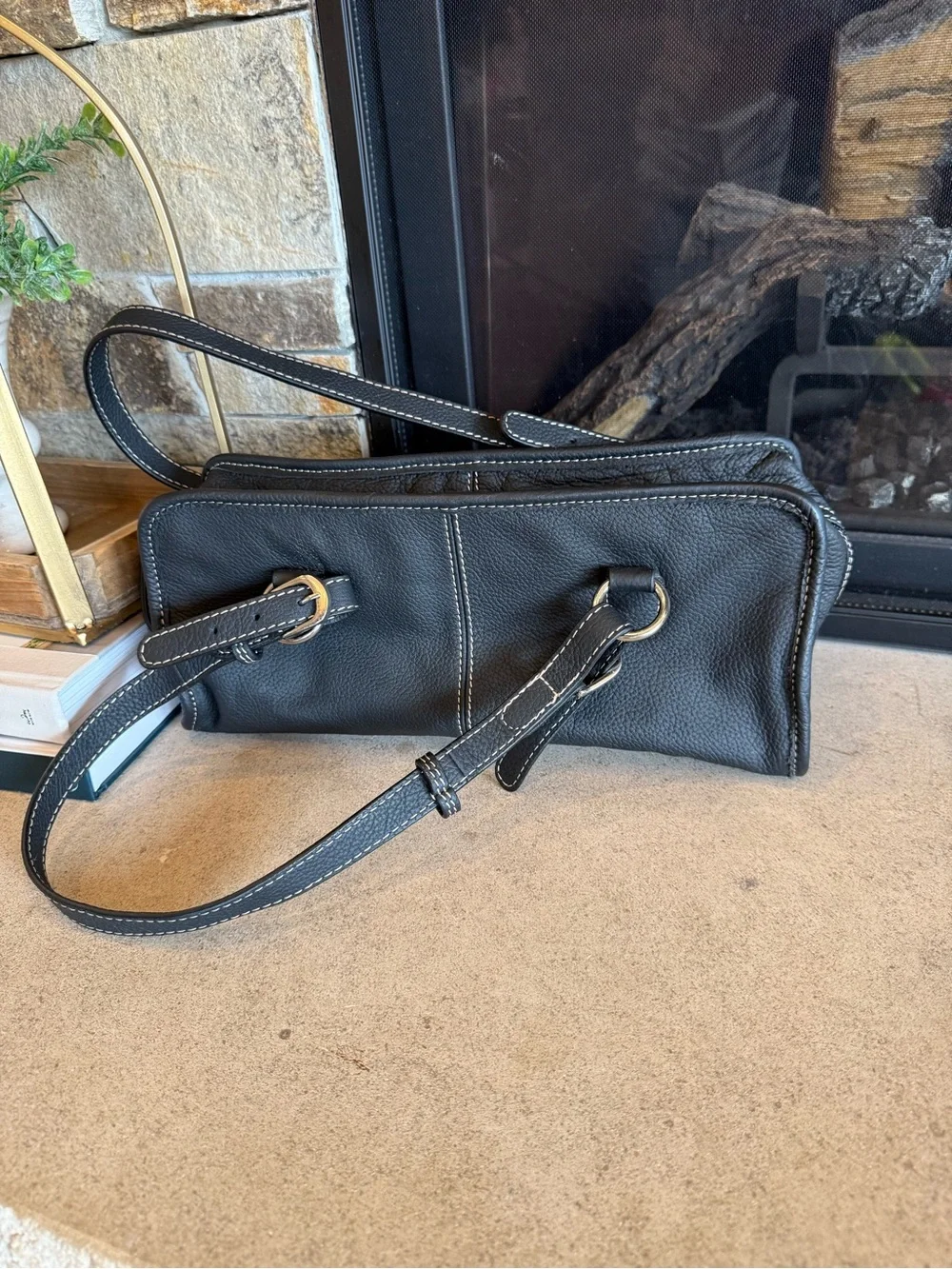 Black Leather Double-Handle Shoulder Bag